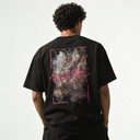 Back close-up of the Sinners Oversize T-Shirt on a model, detailing the pink-framed painting print and PEOPLE tag